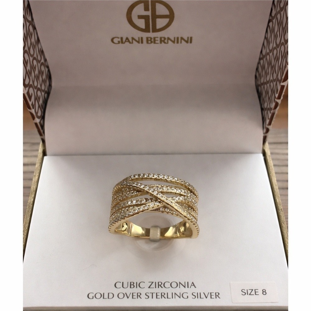 Giani Bernini 18k Gold over Sterling Silver CZ Crossover Band Ring Size 8 NEW